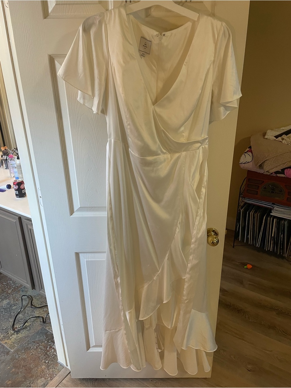 David’s bridal White Satin Wrap Dress with Ruffle Hem - Picture 3 of 6